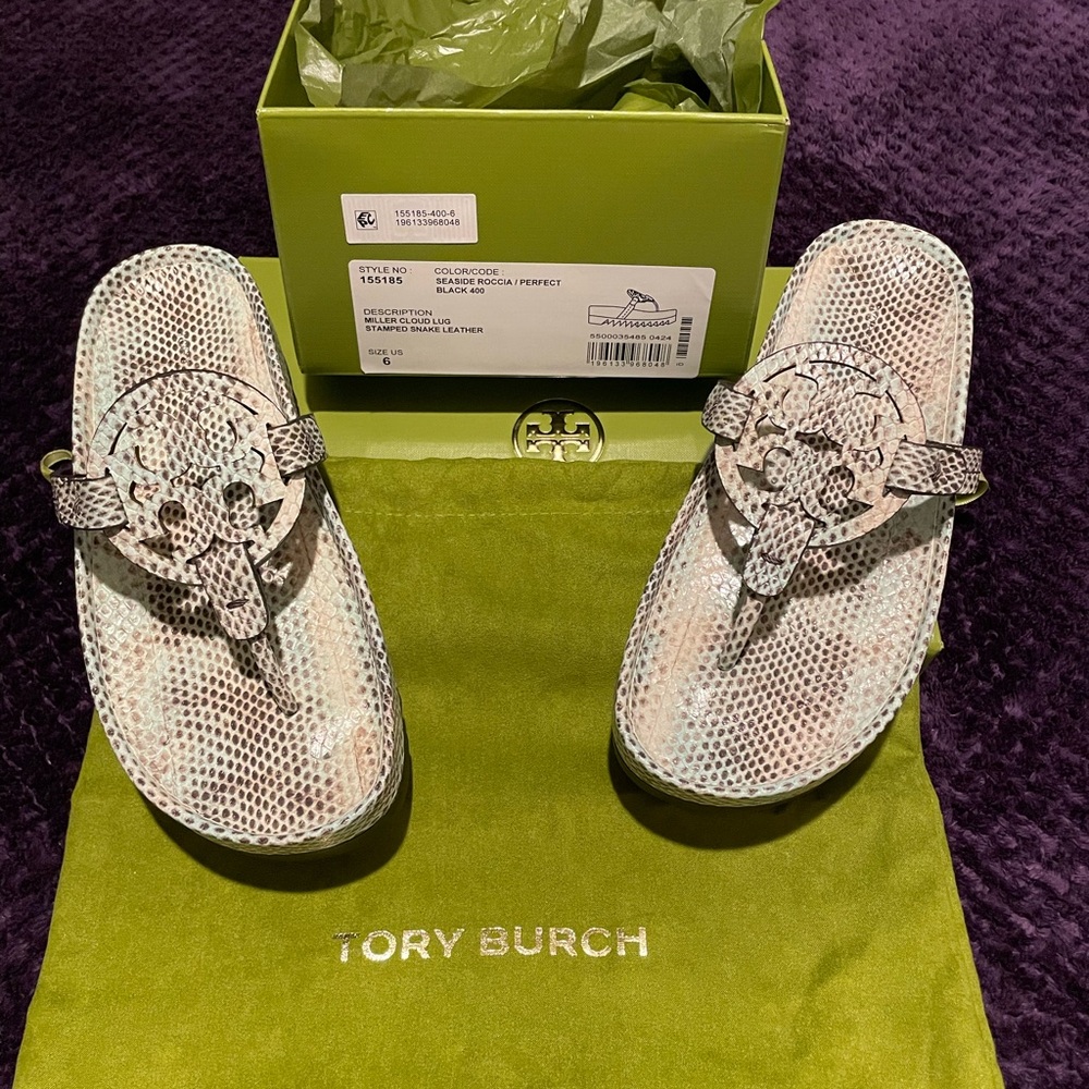 Tory Burch Snakeskin Sandals in Gray and Cream